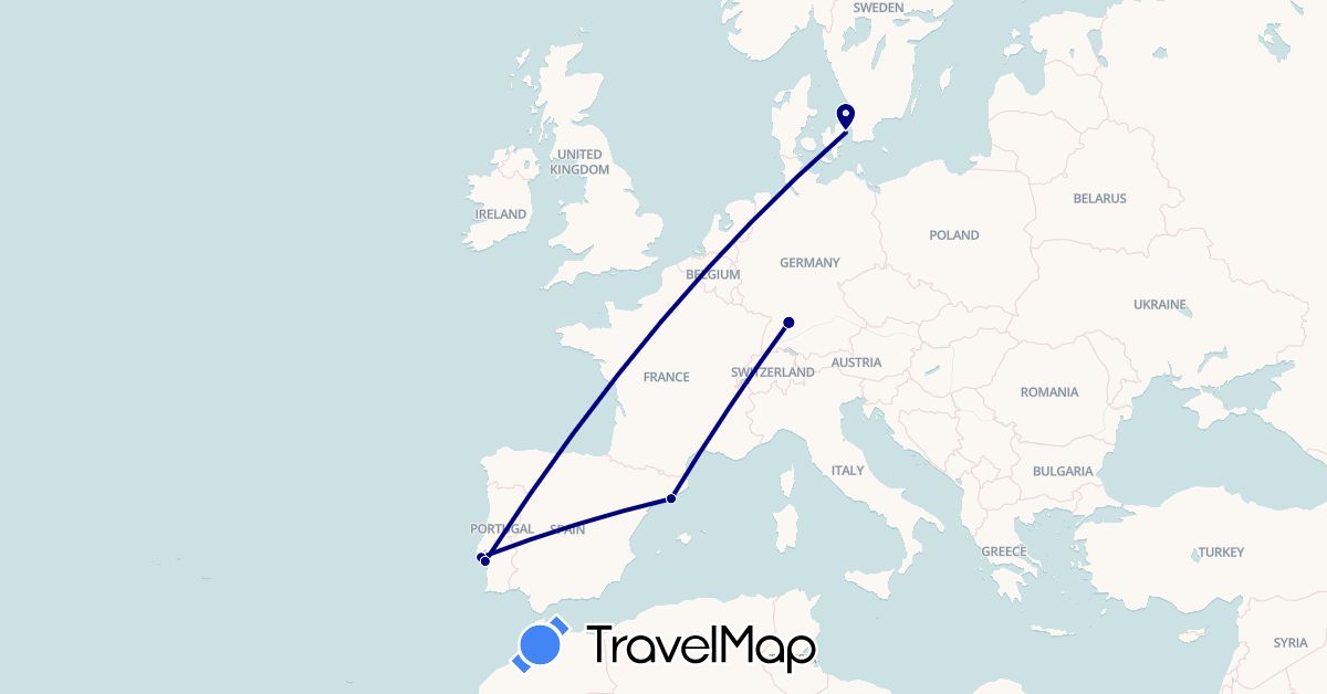 TravelMap itinerary: driving in Germany, Denmark, Spain, Portugal (Europe)